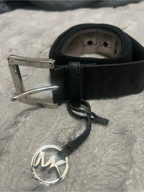 Michael Kors Black Men's Logo Webbing Belt with Silver MK Charm
